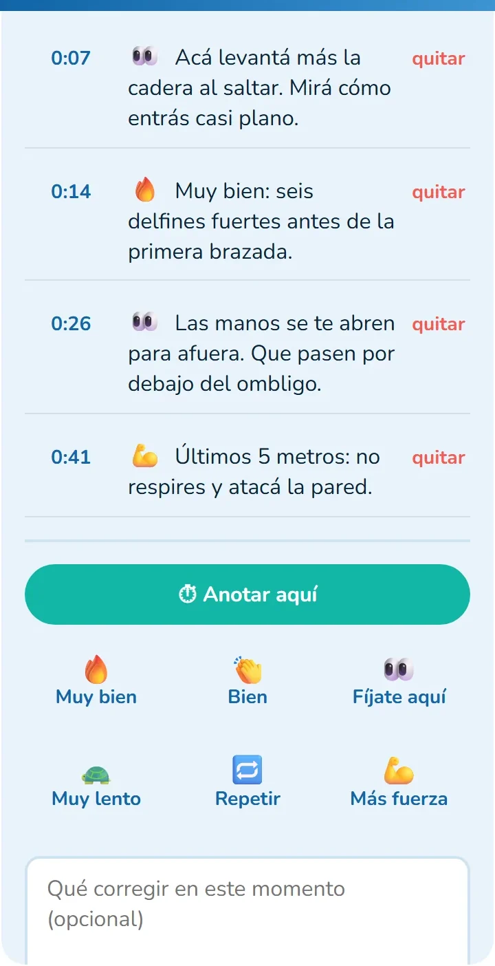 Panel de apuntes del coach con marcas de tiempo en 0:07, 0:14, 0:26 y 0:41, cada una con su corrección.