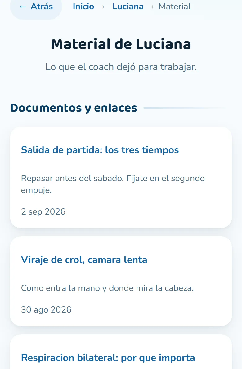 Pantalla de material: vídeos y enlaces que dejó el coach.