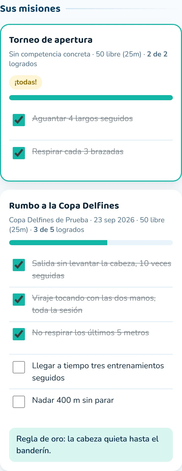 Las misiones del nadador y su reto de la semana.